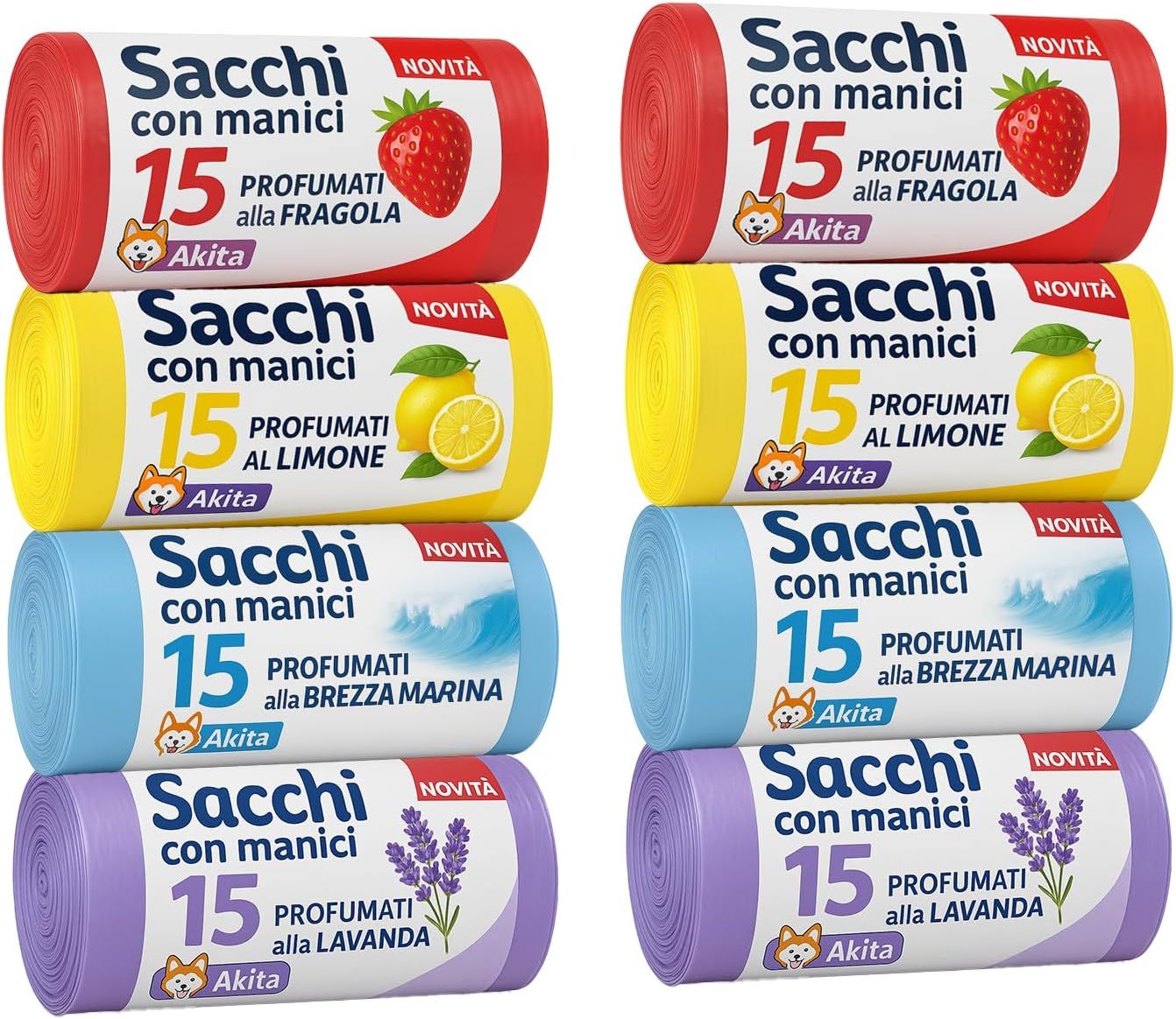 Akitaink Sacchi spazzatura Antiforo con Manici - Profumati - 120 pz da 45L | Misure 55x70cm | Vari Profumi: Brezza Marina, Fragola, Limone e Lavanda Made in Italy