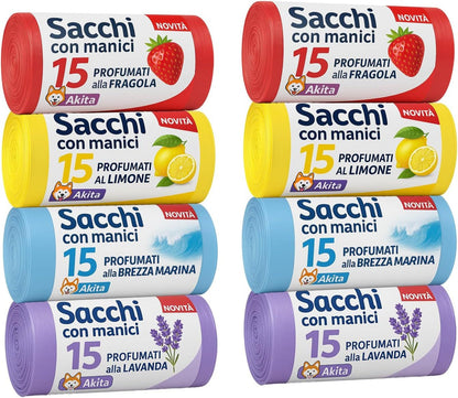 Akitaink Sacchi spazzatura Antiforo con Manici - Profumati - 120 pz da 45L | Misure 55x70cm | Vari Profumi: Brezza Marina, Fragola, Limone e Lavanda Made in Italy
