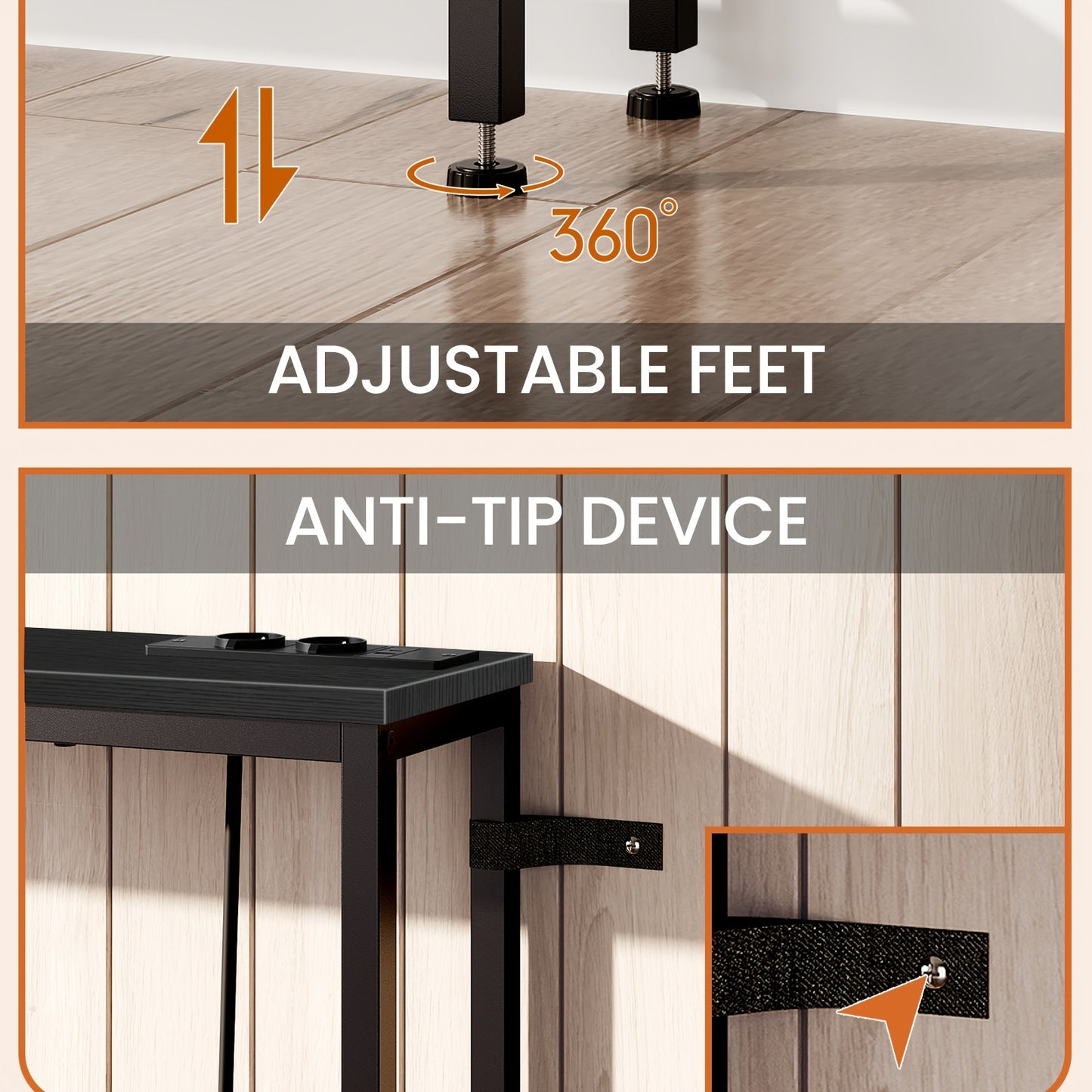 Tavolo Consolle Moderno Industriale Stretto con Stazione di Ricarica e Porte USB - Legno Ingegnerizzato Resistente e Metallo, Ideale per Ingresso, Soggiorno, Tavolino da Divano, Scrivania con Ricarica USB per Foyer, Corridoi, Ingressi