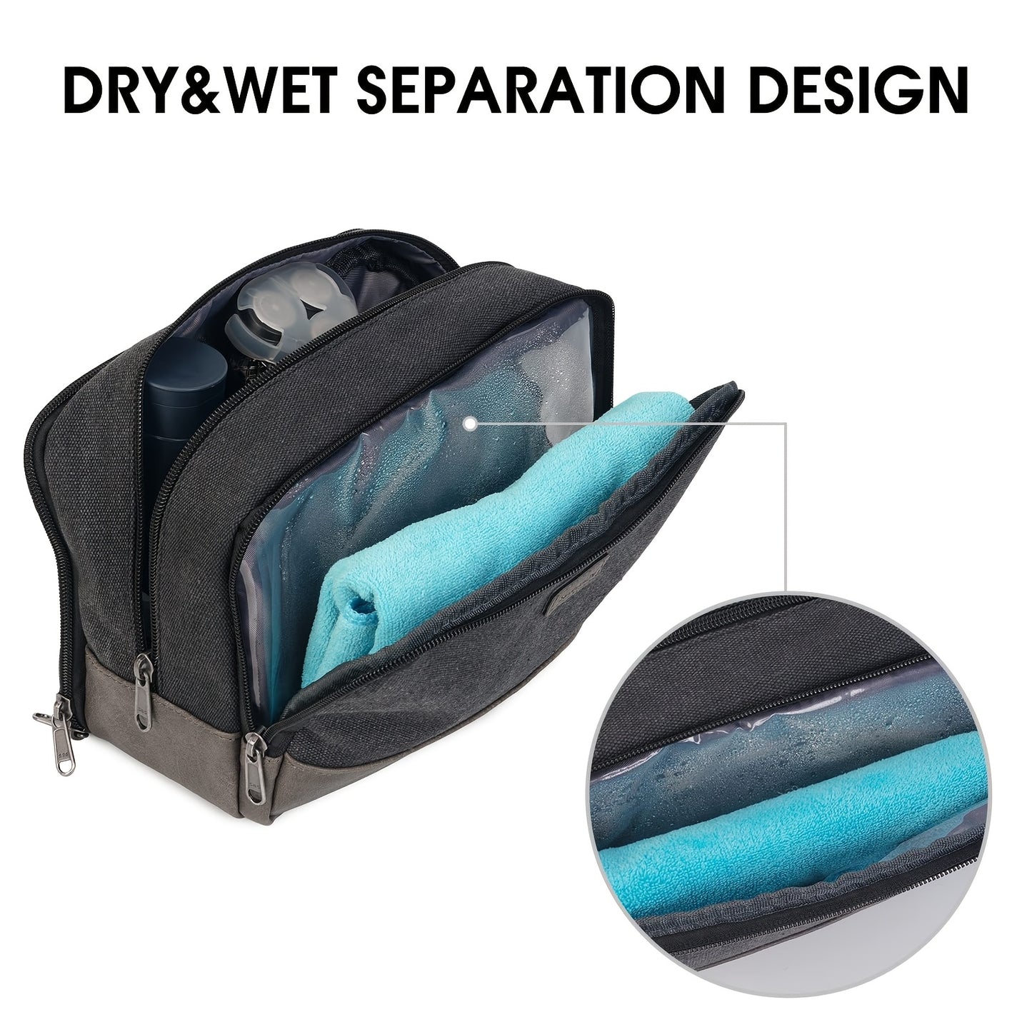 Beauty Case da Viaggio in Tela con Maniglia Laterale per Uomo Donna, Organizer da Viaggio per Articoli da Toeletta, Borsa da Barba con Tasca Separata per Asciutto e Bagnato per Accessori da Viaggio