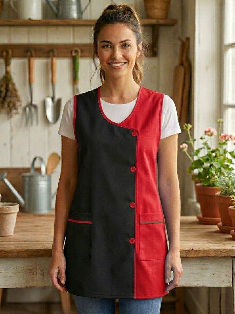 Grembiule da cucina liscio da donna, confortevole e resistente, dettagli moderni e funzionali: tasche frontali e bottoni frontali Utilizzo: cucina, casa, lavoro e attività quotidiane