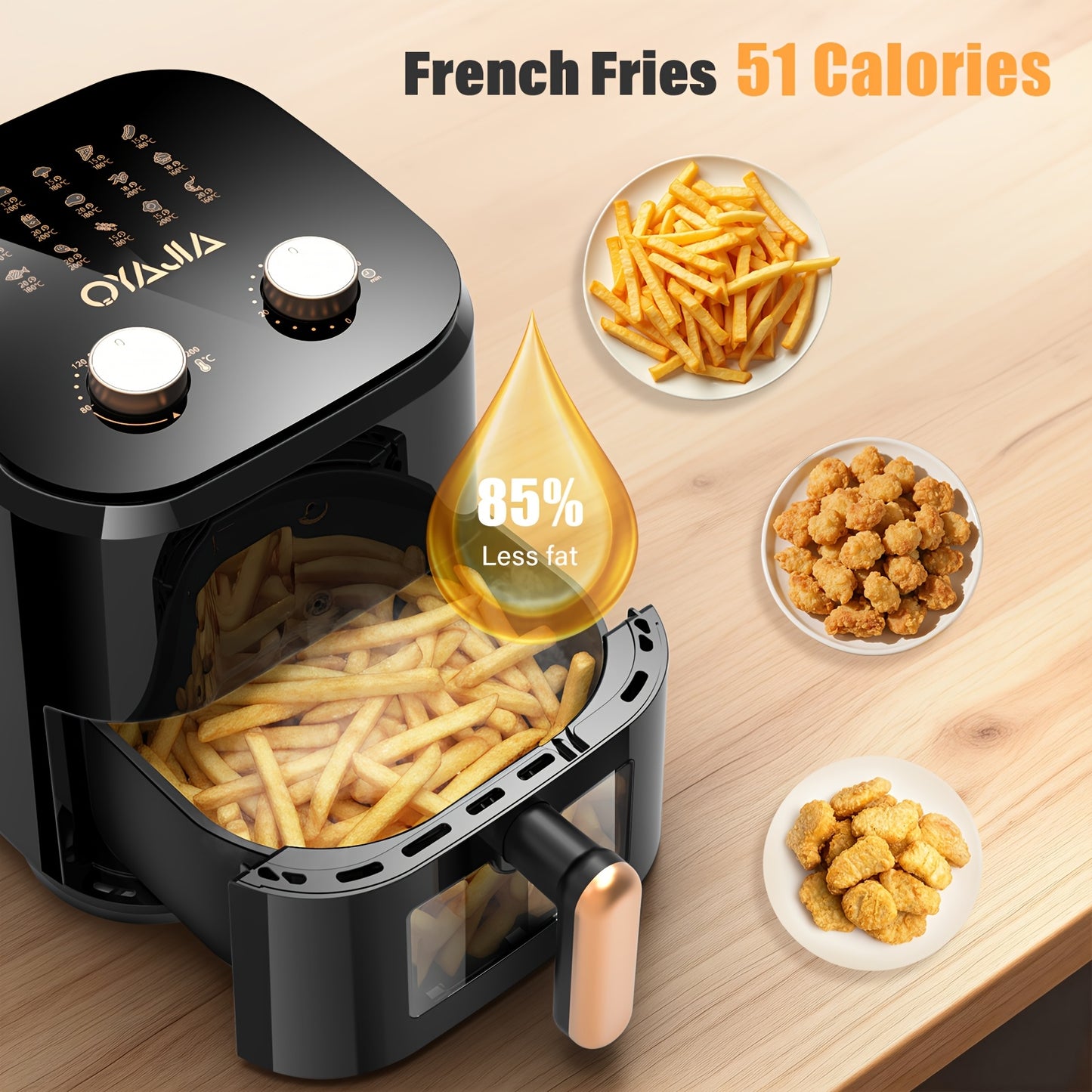 Friggitrice ad aria da 5L per 2-3 persone, Friggitrice ad aria piccola con 15 opzioni di menu, Doppio manopola per temperatura manuale, Timer, Circolazione rapida dell'aria 3D, Antiaderente, Cestello lavabile in lavastoviglie, Cottura sana senza olio