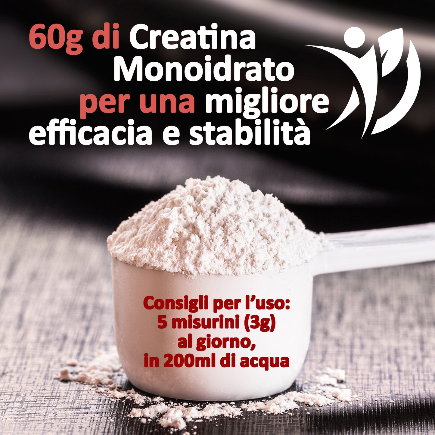 Creatina Monoidrato 3000mg / dose | 60g - 20 Dosi | Creatina in Polvere 200 Mesh | Purezza 99,9 Min. Integratore alimentare a base di Creatina