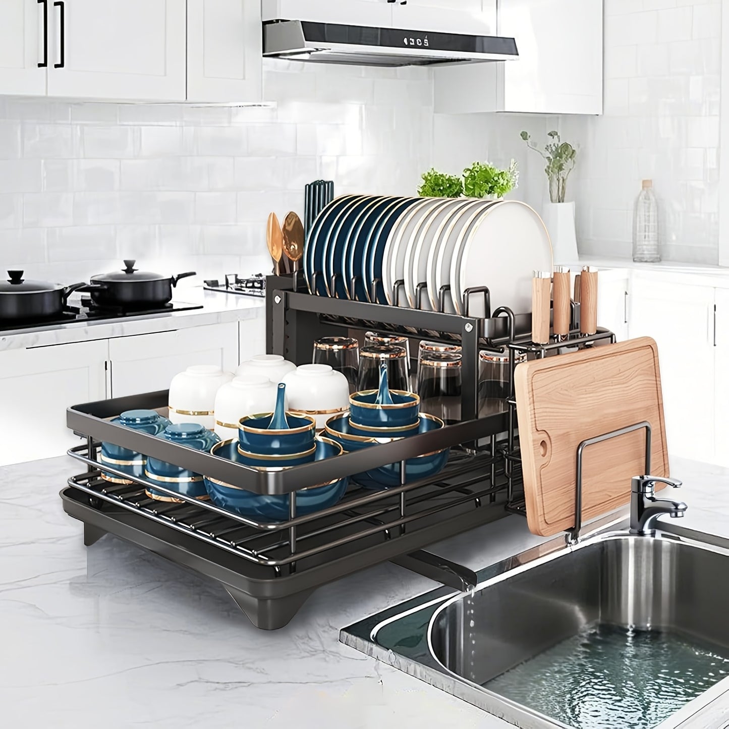 1 pezzo Organizzatore per Piatti in Metallo - Organizzatore per Piano Cucina Salvaspazio con Scolapiatti, Porta Utensili e Ganci per Tazze, Scaffale Pieghevole a Due Livelli per Piatti, Ciotole, Posate - Ideale per Cucine Domestiche e Commerciali, Asciuga