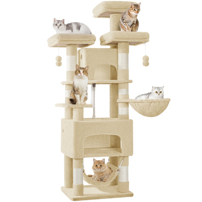 Torre Alta per Gatti, 176 cm di Altezza, Extra Large, con 3 Livelli, 2 Nascondigli, 7 Tavole per Graffiare, una Amaca, Palline Morbide, Ideale per Case con Molteplici Gatti