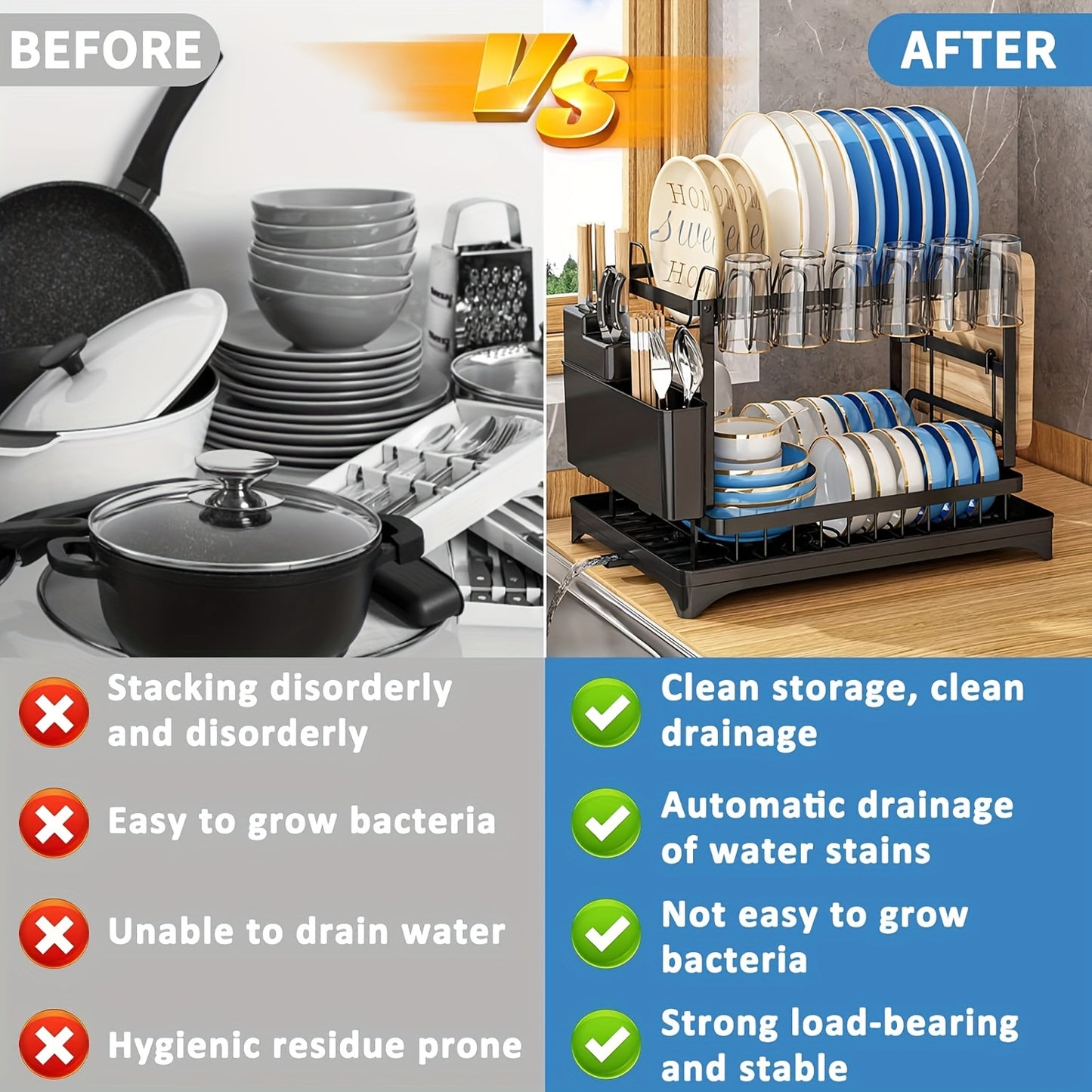 Scolapiatti a 2 livelli in acciaio al carbonio - con griglia di scolo, portautensili e ganci per tazze, adatto per piani di lavoro della cucina, design a doppio strato salvaspazio - Nero, nessuna elettricità richiesta, struttura durevole in acciaio al car