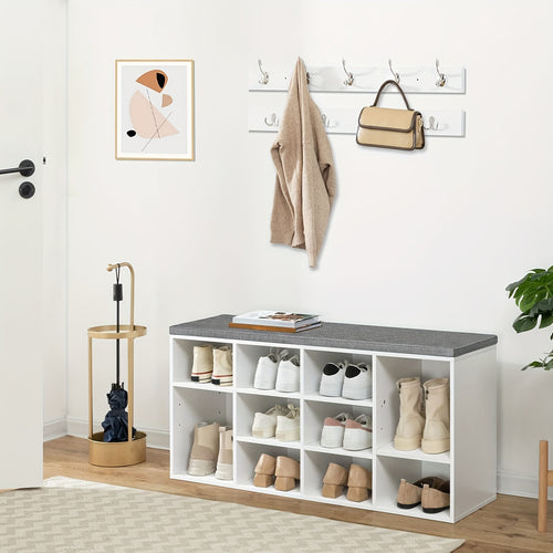 Unità porta scarpe con panca a 10 scomparti, divanetto imbottito, guardaroba a parete con 9 ganci e scarpiera adatta per corridoi, ingressi e camere da letto in bianco