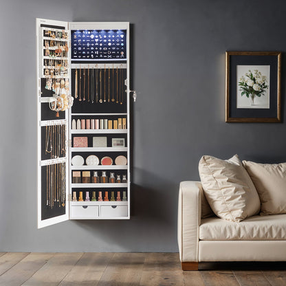 Armadietto Portagioie da Parete o Porta, con Specchio e 6 Lampadine LED, Serratura