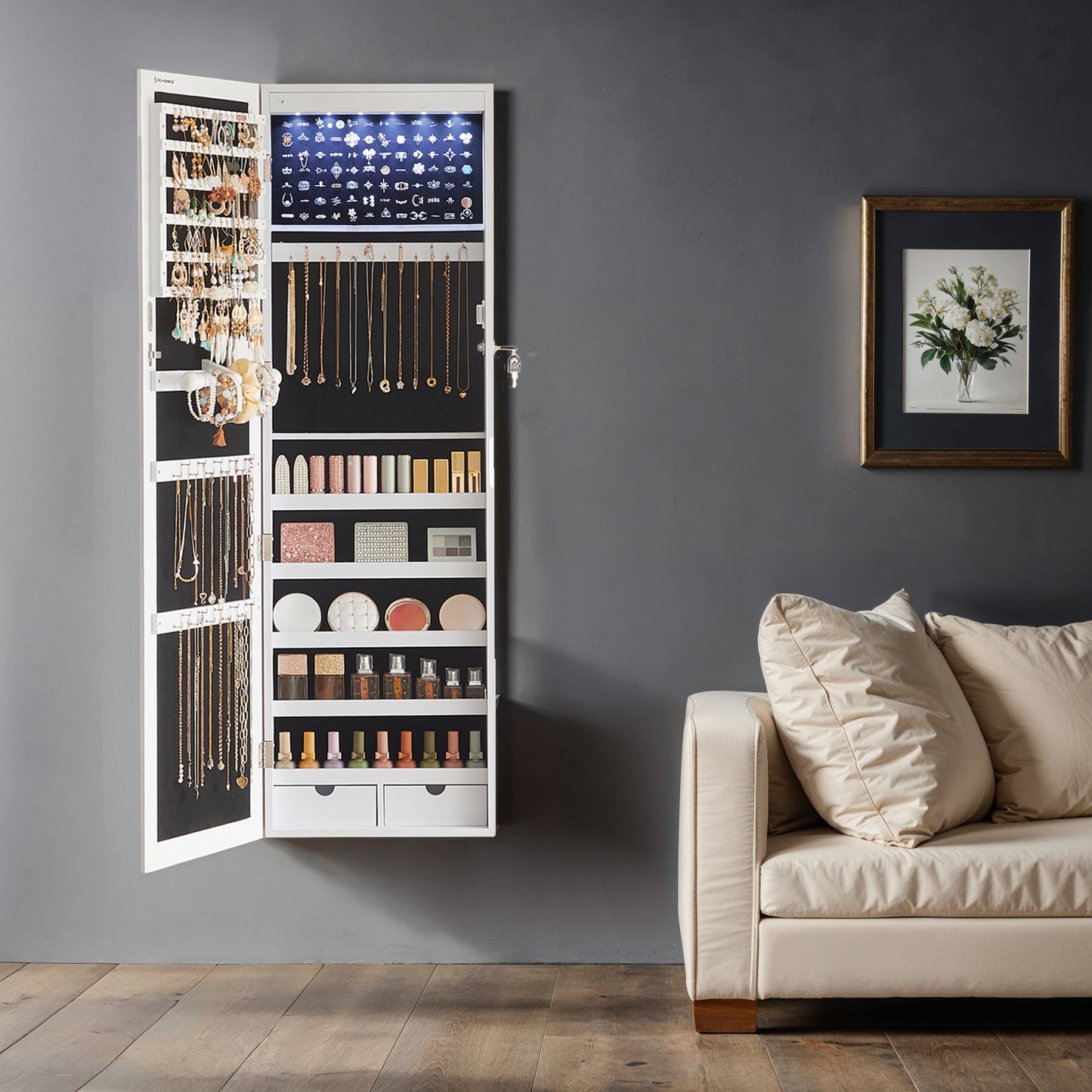 Armadietto Portagioie da Parete o Porta, con Specchio e 6 Lampadine LED, Serratura