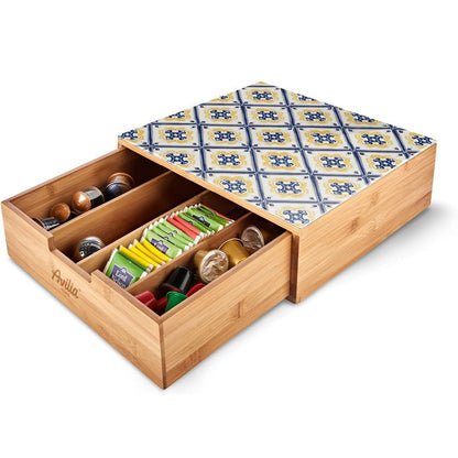 Porta cialde Organizer Bambù per Cialde con Vetro Temperato Organizer Capsule Caffè Cassetto Porta Oggetti Cassetto Minuteria Mobiletto Porta Tè Cassetto Cucito 4 Scomparti Separati