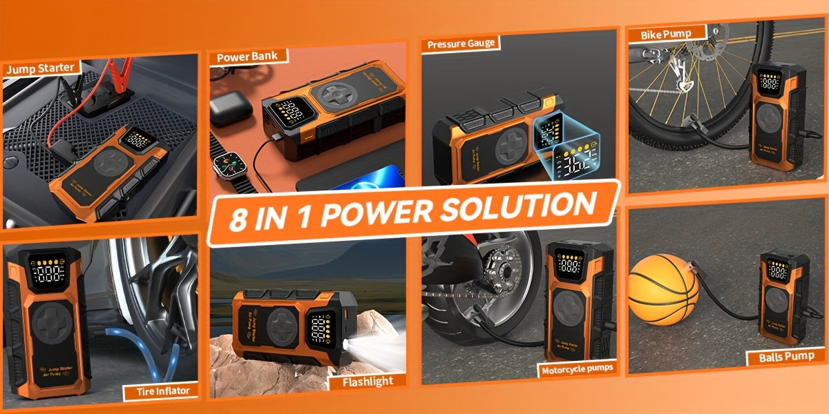Power Bank Portatile 12V 6000A & Compressore d'Aria Avviatore con Ricarica Rapida e Cavo Intelligente - Booster Batteria 5-in-1 Adatto per Camion a Benzina 7.5L/Diesel 6.0L, Ricarica USB-C, Gonfiaggio Pneumatici, per Campeggio e Viaggi su Strada