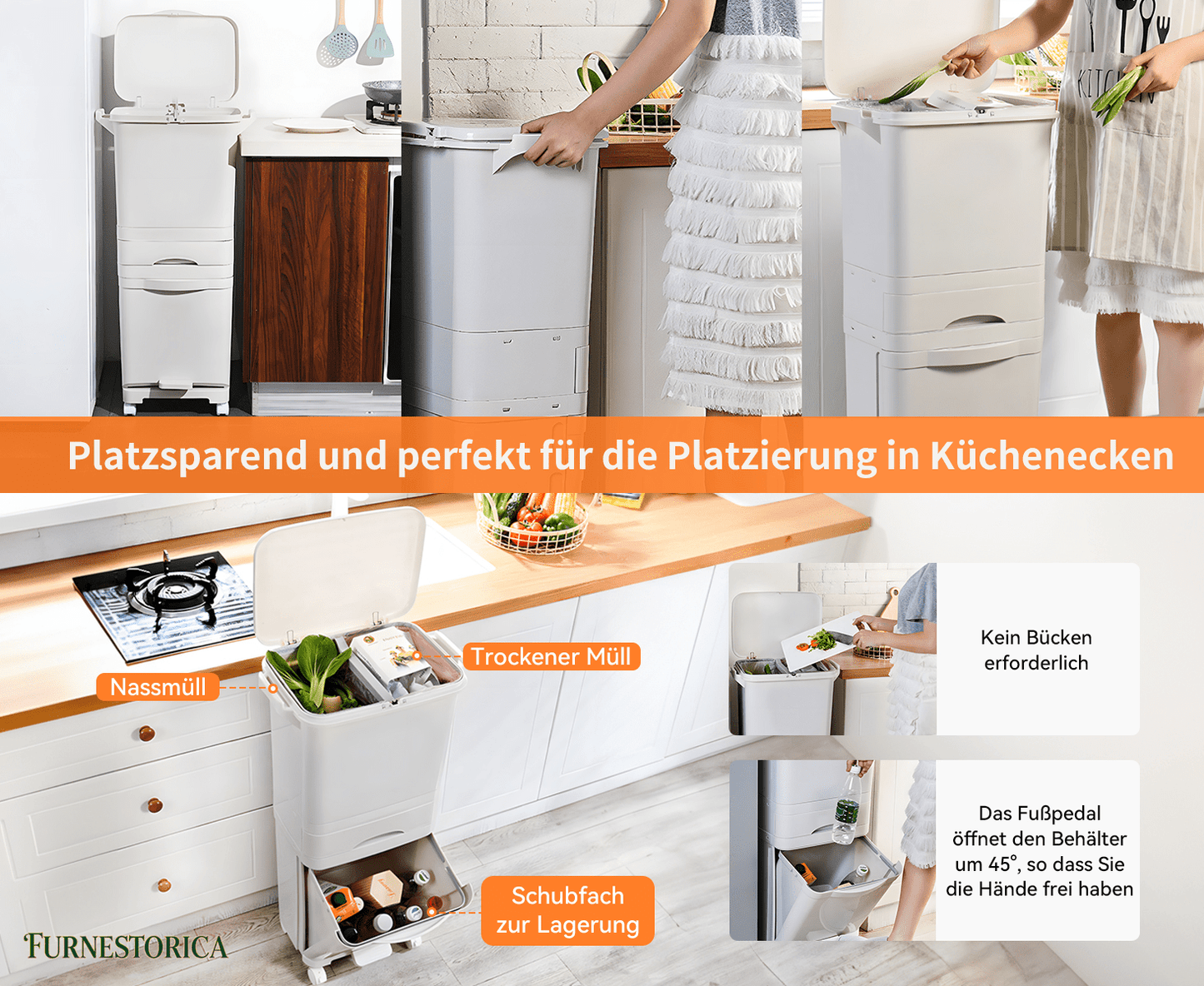 Cestino per Rifiuti da Cucina, 3 Scomparti, 42L Sistema di Separazione Rifiuti in Plastica Riciclata, Cestino a Pedale con Coperchio e Ruote per Cucina, Casa, Ufficio