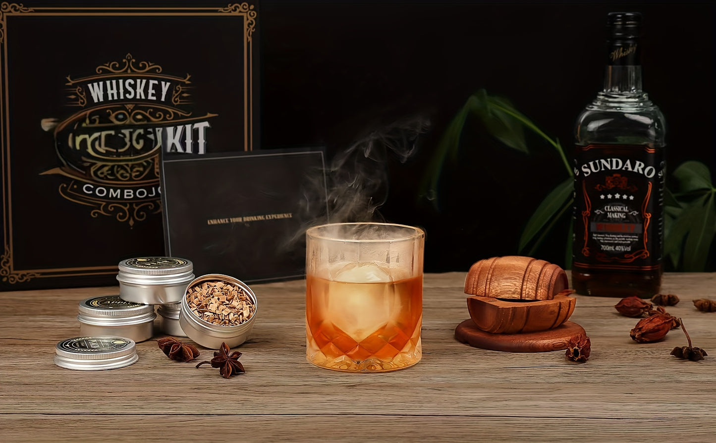 Kit per affumicare il whiskey con torcia - 6 pezzi di legno aromatizzati, 2 bicchieri, 2 stampi per il ghiaccio - Kit infusore per affumicare cocktail, kit per affumicare drink Old Fashioned, regali di compleanno per bourbon whiskey per uomini, papà (senz