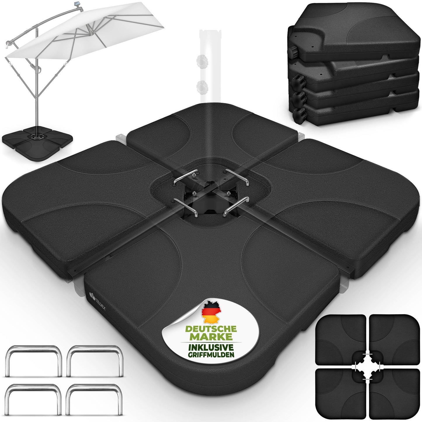 Tillvex® Supporti per Ombrelloni da Sole 60 Litri / 80 Kg - 4 Parti per Ombrellone con Semaforo Incluse Connettori in Metallo | Peso Ombrellone Riempibile con Acqua o Sabbia | Supporto per Ombrellone Resistente alle Intemperie per Balcone Esterno, Terrazz