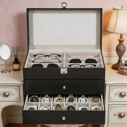 Scatola portaocchiali e orologi a 3 strati con 24 scomparti, custodia organizzatrice per occhiali da vista alla moda per donna e uomo - Portaocchiali portaoggetti multiplo con cassetto, coperchio in vetro e passante per esterni