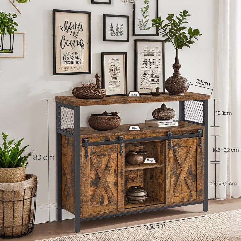 Armadio contenitore, credenza, mobile da cucina con due ante scorrevoli, dimensioni 33 x 100 x 80 cm, ripiani regolabili, stile rustico, adatto per cucine.
