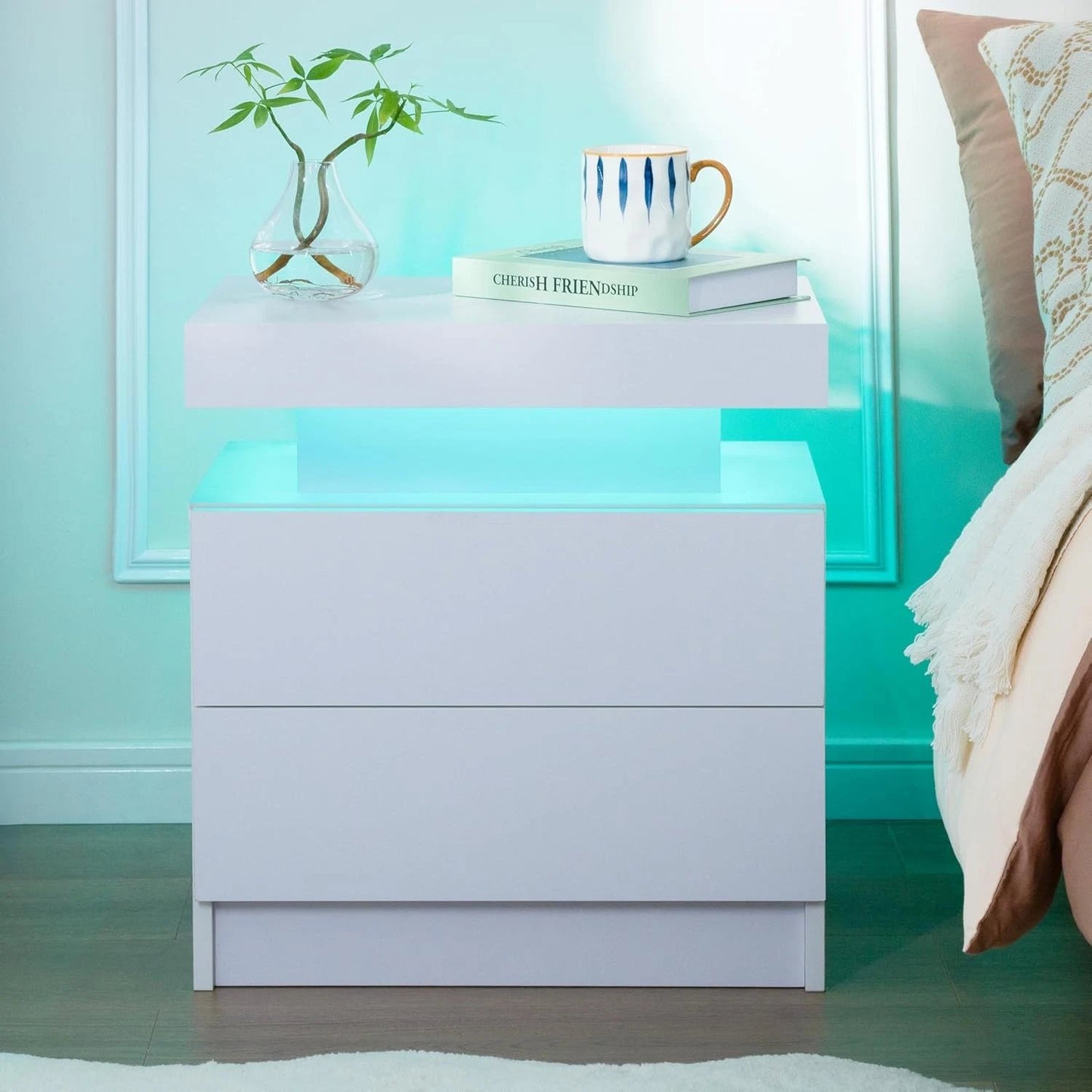 Comodino Lucido con 2/3 Cassetti, Comodino LED e Moderno Scrivania, Tavolino Laterale con Illuminazione LED a 16 Colori per Soggiorno, 45X35X55Cm / 45X35X67Cm, Bianco/Nero