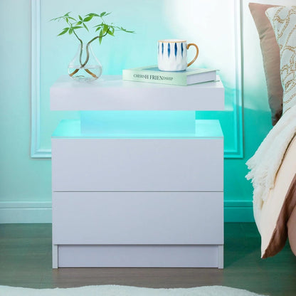 Comodino Lucido con 2/3 Cassetti, Comodino LED e Moderno Scrivania, Tavolino Laterale con Illuminazione LED a 16 Colori per Soggiorno, 45X35X55Cm / 45X35X67Cm, Bianco/Nero