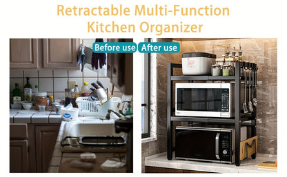 Scaffale per Microonde 3 Ripiani Estendibile con 6 Ganci, Mensola da Cucina, Porta Spezie, Organizzatore per Armadio Microonde, Nero, Estendibile da 40 a 64 cm