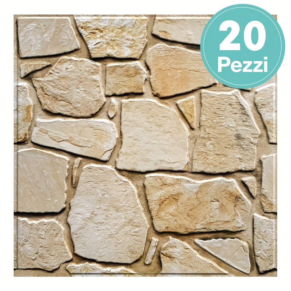 Questo pacchetto include dieci pannelli murali 3D autoadesivi con superficie in PVC effetto pietra, ciascuno misurato 30 per 30 centimetri, progettati per decorare pareti interne.