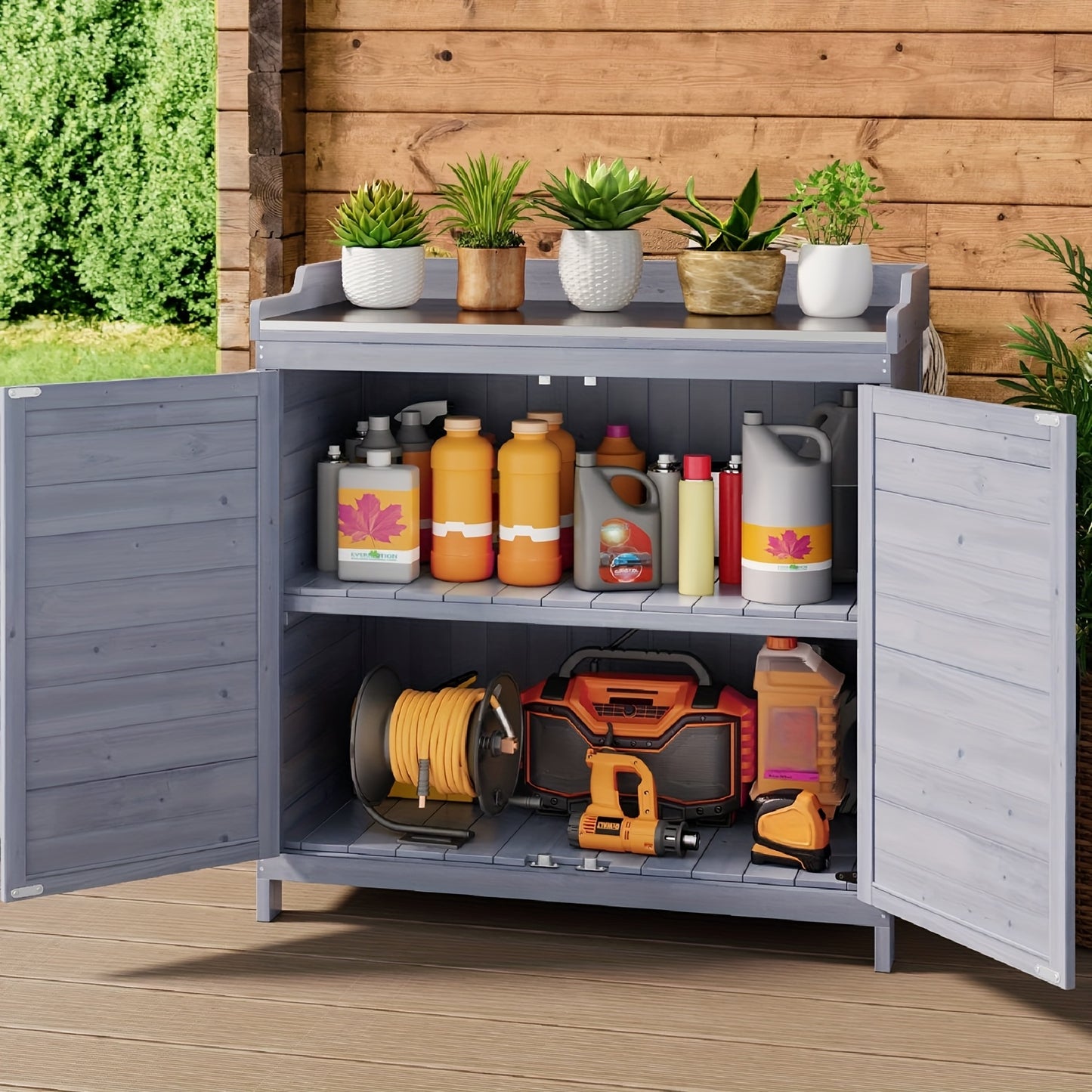 Tavolo per piante con mobiletto base, mobile da giardino con piano di lavoro e 1 ripiano mobile per uso interno ed esterno (Naturale, )