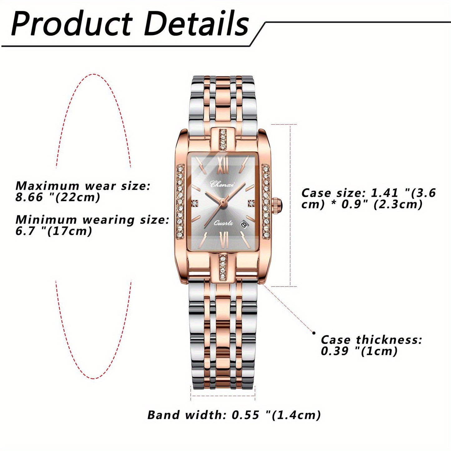 Jewelrywe Orologi Donna Analogico Quarzo Orologio da Polso Lusso Elegante Calendario con Data Strass Rettangolare Bracciale in Acciaio Inossidabile Business Casual