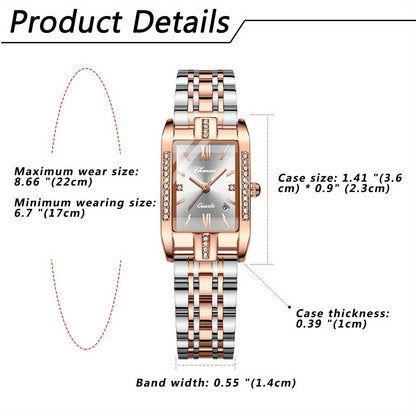 Jewelrywe Orologi Donna Analogico Quarzo Orologio da Polso Lusso Elegante Calendario con Data Strass Rettangolare Bracciale in Acciaio Inossidabile Business Casual