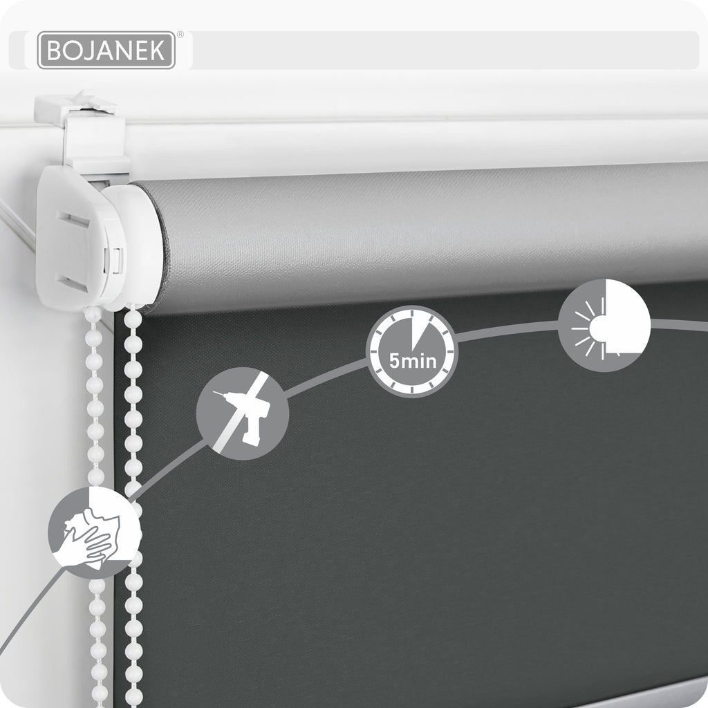Tenda a Rullo Termica • GRIGIO SCURO • 32 misure • BOJANEK TERMO • staffe regolabili • installazione senza fori • meccanismo a catenella • protezione da sole e calore • ideale per soggiorno, camera, cucina, ufficio • tenda termica bianca giorno-notte • es