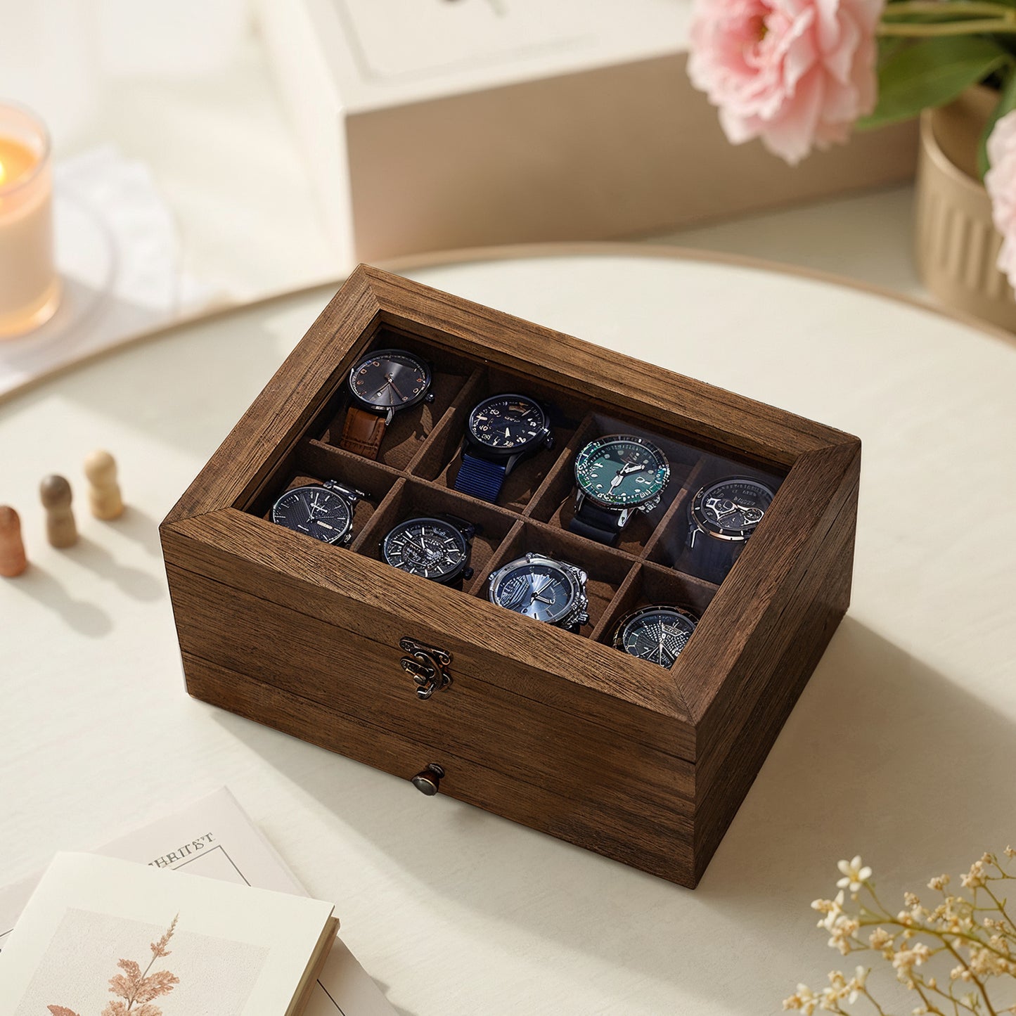 Scatola Porta Orologi in Legno, Custodia per Orologi Meccanici e Gioielli a 8 Scomparti con Coperchio in Vetro, Fodera in Velluto, Inserti Imbottiti, Organizzatore per la Casa, Scelta Regalo Ideale, Scatola Regalo di Natale