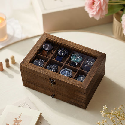 Scatola Porta Orologi in Legno, Custodia per Orologi Meccanici e Gioielli a 8 Scomparti con Coperchio in Vetro, Fodera in Velluto, Inserti Imbottiti, Organizzatore per la Casa, Scelta Regalo Ideale, Scatola Regalo di Natale