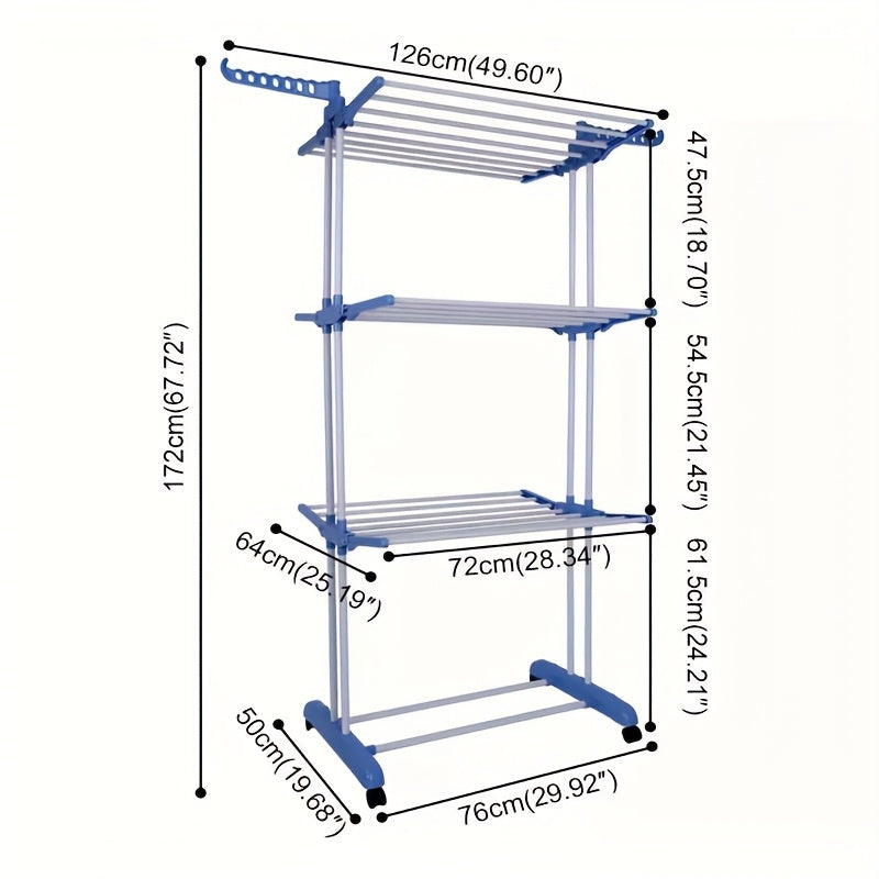 Stendibiancheria Pieghevole in Metallo Robusto a 3 Livelli con Rotelle Bloccabili - Altezza 171,96 cm, Stendibiancheria Autoportante, 24 Aste per Asciugatura, Risparmio Spazio per Interno/Esterno, Corda per Biancheria Mobile per Letto, Abbigliamento (Grig