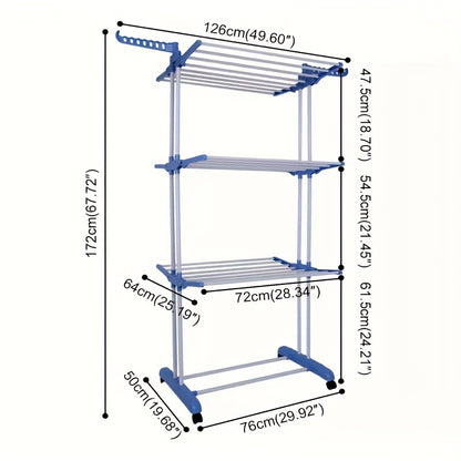 Stendibiancheria Pieghevole in Metallo Robusto a 3 Livelli con Rotelle Bloccabili - Altezza 171,96 cm, Stendibiancheria Autoportante, 24 Aste per Asciugatura, Risparmio Spazio per Interno/Esterno, Corda per Biancheria Mobile per Letto, Abbigliamento (Grig