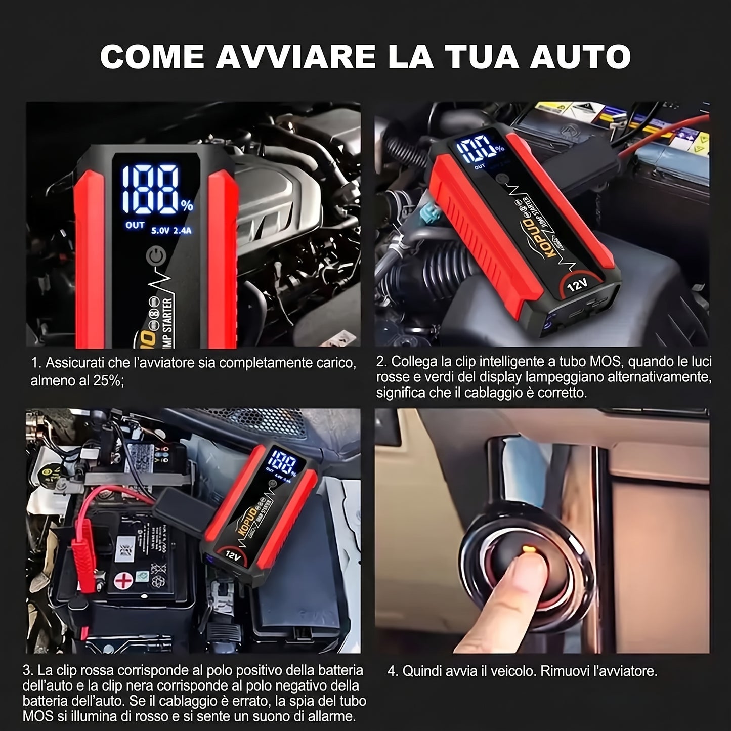 Avviatore di emergenza per auto KOPUO 6000A Peak 12V con display LCD e ricarica rapida, booster di batteria portatile per motori a benzina da 8,0L/diesel da 7,5L, kit di emergenza con torcia stroboscopica LED SOS per veicoli