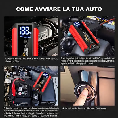 Avviatore di emergenza per auto KOPUO 6000A Peak 12V con display LCD e ricarica rapida, booster di batteria portatile per motori a benzina da 8,0L/diesel da 7,5L, kit di emergenza con torcia stroboscopica LED SOS per veicoli