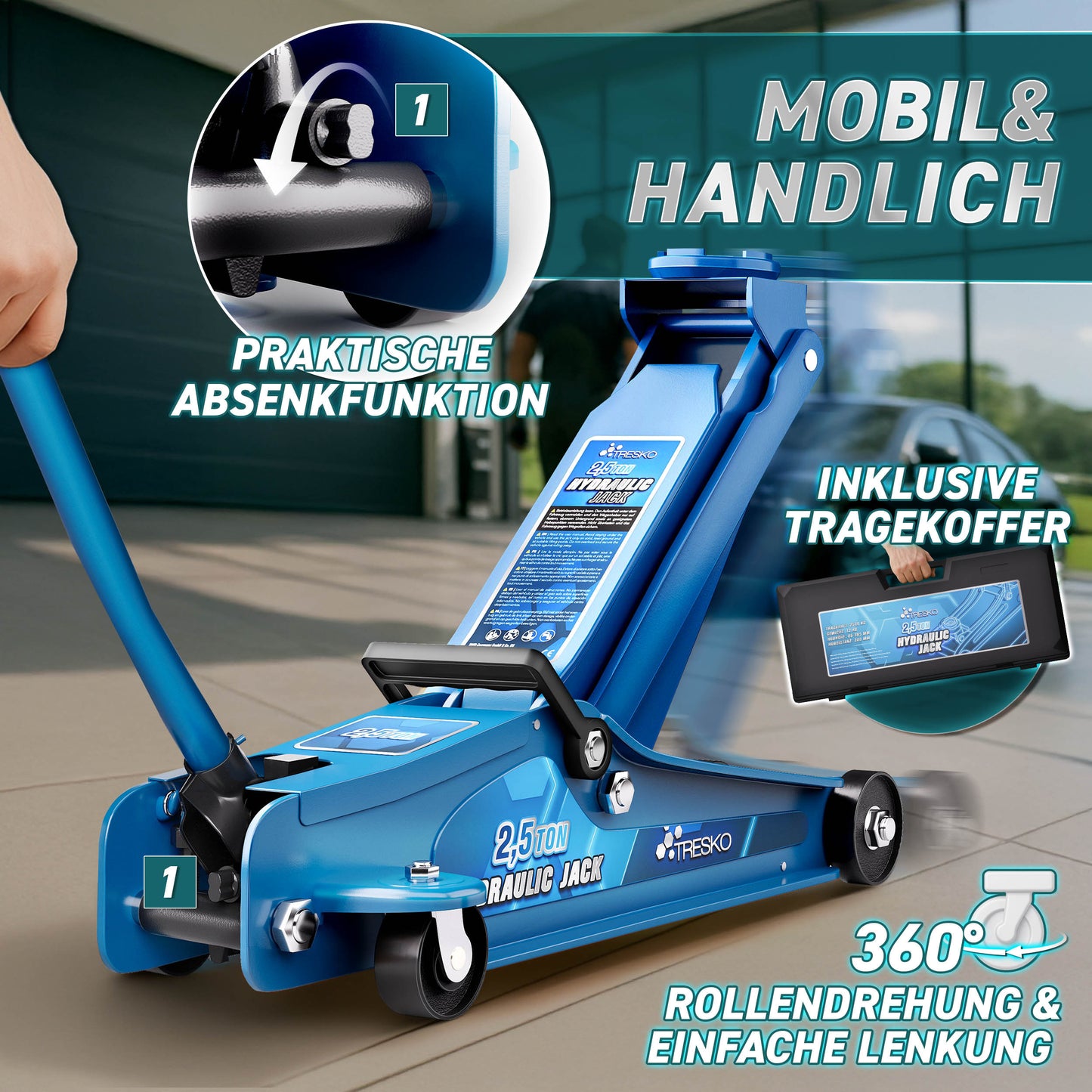 Cric idraulico per auto TRESKO® 2.5 - 3T | Cric idraulico per spostamento auto e SUV con ruote piane e a 360°, include 2 guarnizioni in gomma, tappetino protettivo, guanti