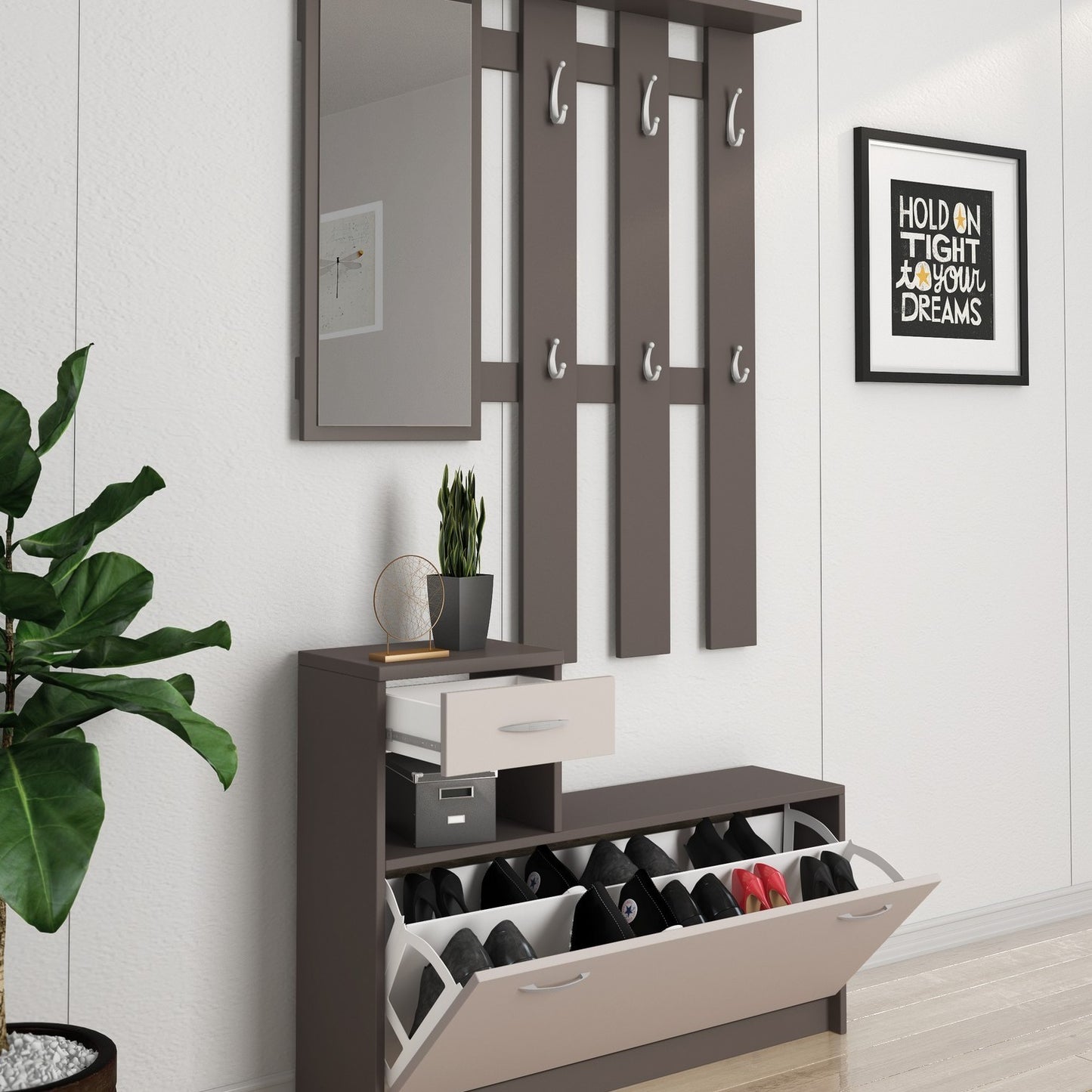 Mobile da ingresso Dbiagin, Entratina moderna, Mobile con scarpiera, Armadio multiuso con specchio, 100x25h180 cm, Disponibile in 5 colori