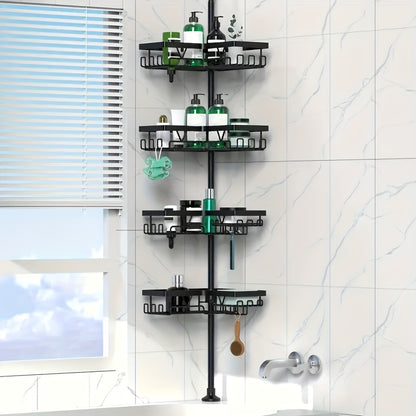 Un robusto e alto ripiano angolare per il bagno, un ripiano angolare regolabile per la doccia che non richiede foratura, dotato di un rack portaoggetti nero a 4 ripiani resistente alla ruggine, ideale per organizzare le aree angolari della doccia - Perfet