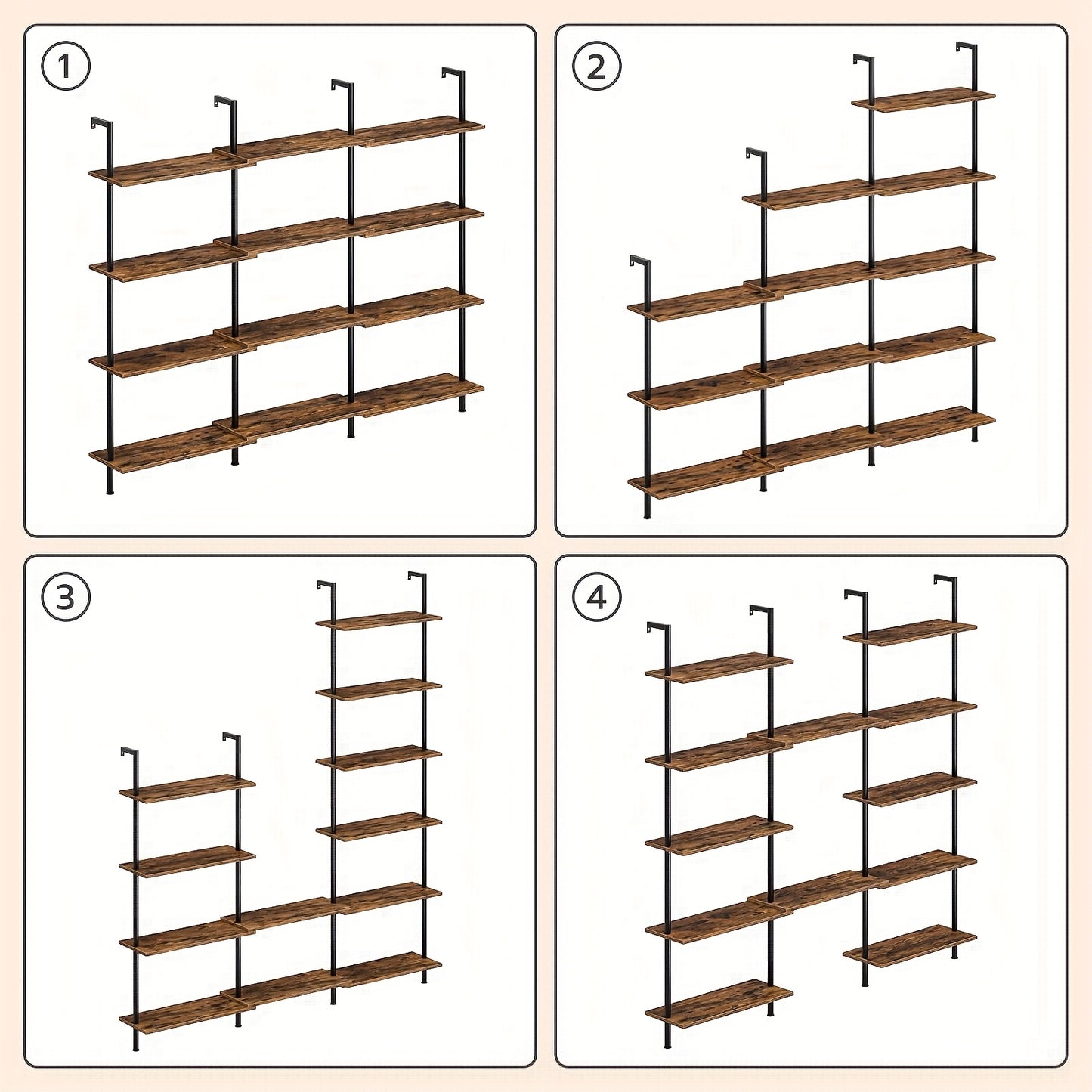 Libreria fai da te a 6 ripiani, scaffale a scala industriale, scaffalatura in truciolato, scaffalatura verticale da pavimento, con telaio di stabilizzazione in metallo, per ufficio domestico, soggiorno, marrone scuro