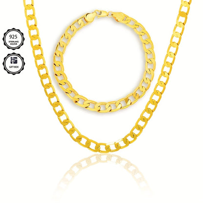 Magazzino Locale, Argento 925, Set Due Pezzi Dorato (Bracciale, Collana), Grammage Argentato 10G, Stile Hip Hop Street, Regalo Perfetto, Bellissima Confezione Regalo Offerta