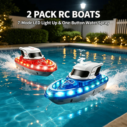 Confezione da 2 barche RC per bambini 8-12 anni, barche da corsa per piscina con 2 telecomandi, spruzzo d'acqua e 7 modalità di illuminazione a LED, giocattolo estivo da esterno a 2.4Ghz, idea regalo