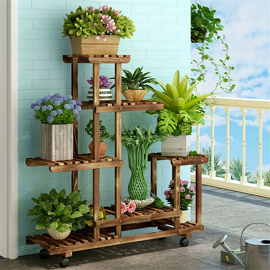 Scaffale per fiori a 6 ripiani di grandi dimensioni con ruote, espositore per vasi da giardino in legno di pino per patio, verande, balconi, interni, esterni, scaffale da terra, scaffale da terra