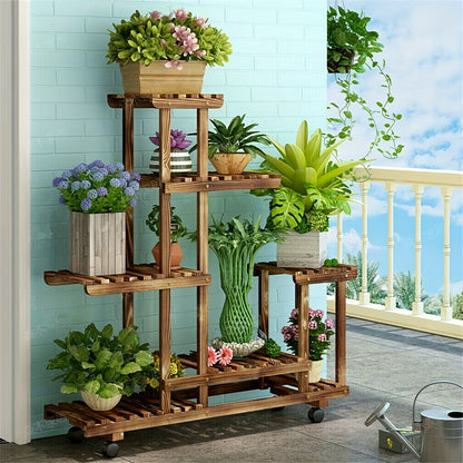 Scaffale per fiori a 6 ripiani di grandi dimensioni con ruote, espositore per vasi da giardino in legno di pino per patio, verande, balconi, interni, esterni, scaffale da terra, scaffale da terra