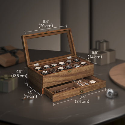 Scatola per Orologi, Porta Orologi in Legno, Scatola Portaorologi a 2 Livelli, 12 Posti, con Coperchio in Vetro, Cuscinetti per Orologi, Rivestimento in Velluto, scatola di conservazione a grande capacità per la casa, scelta ideale per i regali, scomparti