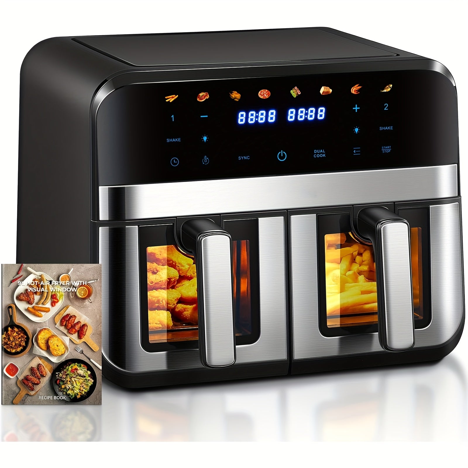 Friggitrice ad Aria Doppia da 9L con Finestra Visiva, 8 Preimpostazioni di Cottura, Touch Screen, Display LED, Friggitrice Digitale a Doppia Zona con Ricettario, Timer e Controllo della Temperatura, Antiaderente