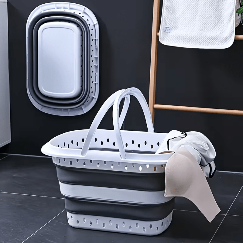Cesto per il Bucato Retrattile e Pieghevole con Maniglie - 45 Litri - Bianco Grigio