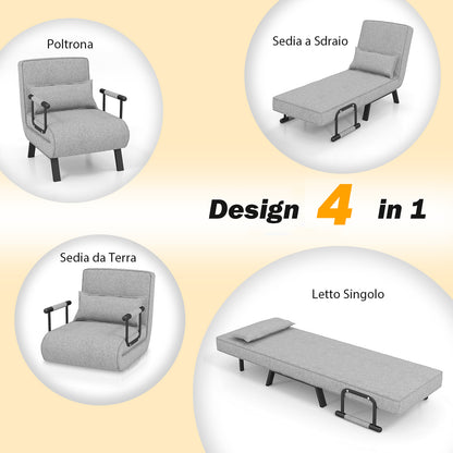 4 in 1 Poltrona Letto Singolo, Poltroncina Pieghevole con Schienale Regolabile in 6 Posizioni, Sedile Imbottito Robusto, Divano Letto per Casa Ufficio, 79x65x79 cm