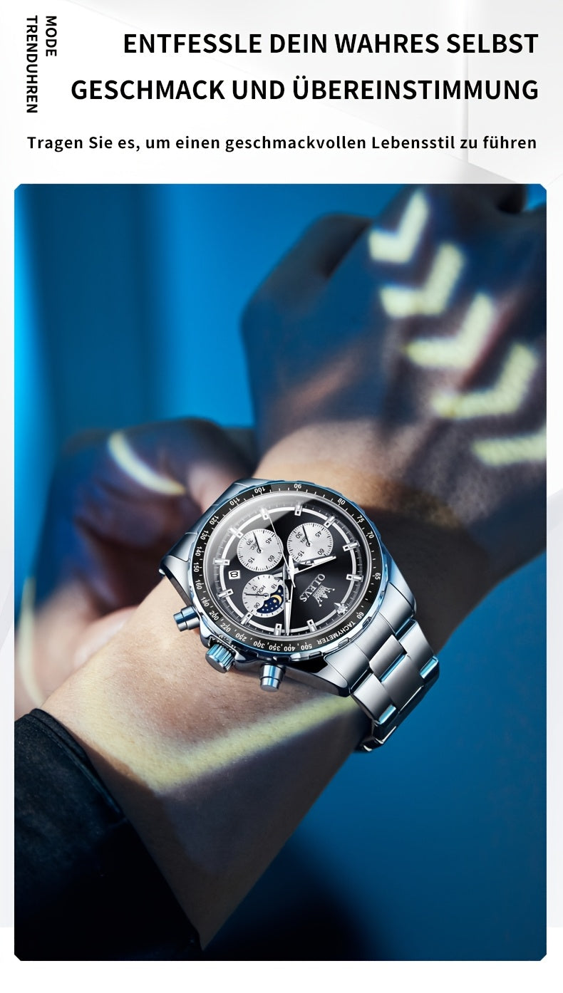 OLEVS Orologi da Uomo con Quadrante Fase Lunare Acciaio Inossidabile/Cinturino in Pelle Cronografo Lusso Business Abito Analogico Quarzo Orologi da Uomo Classici Casual Eleganti Orologi da Polso Quadrante Luminoso Nero/Bianco/Blu/Verde