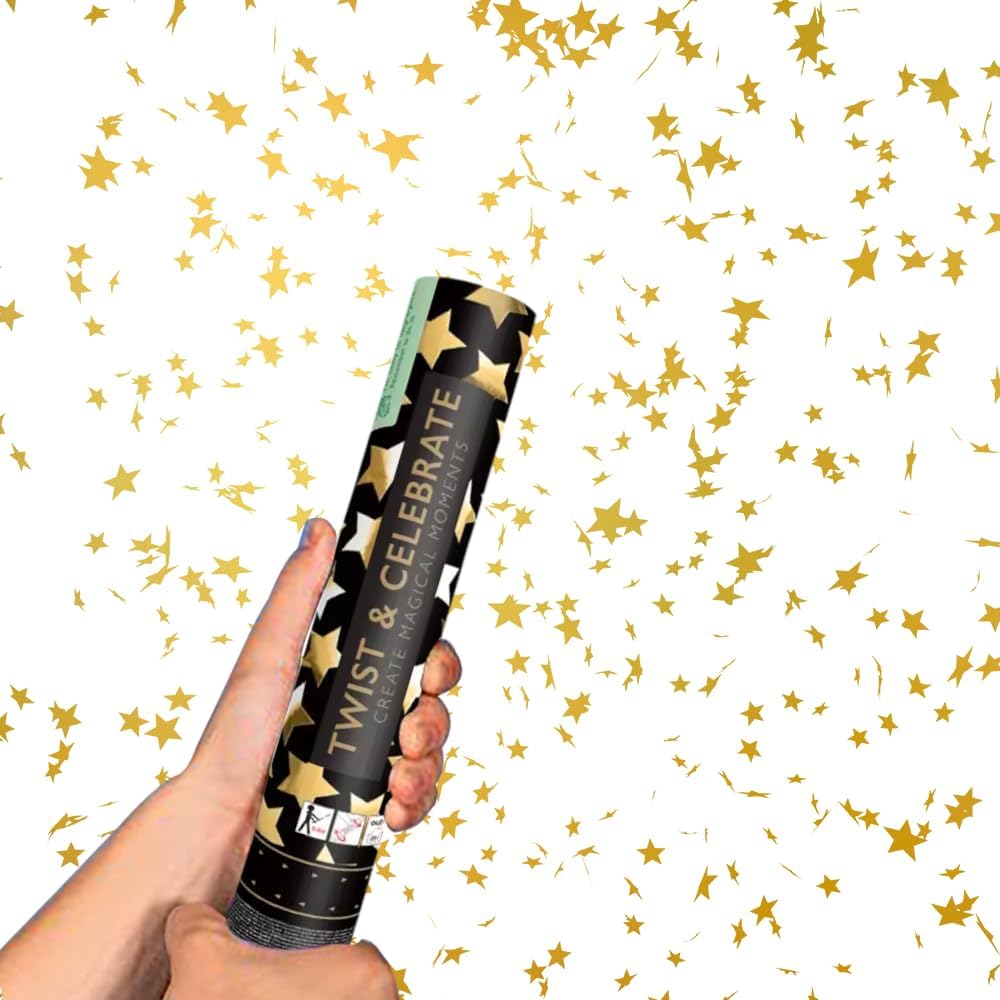 SPARKLERS CLUB Cannone per Coriandoli 28Cm Portata 5-8 Metri - Ideale per Halloween, Natale, Matrimoni, Compleanni, Feste - High-End, Sicuro, Durevole - Effetto Speciale Garantito (Gold Star, 10, Cannoni)