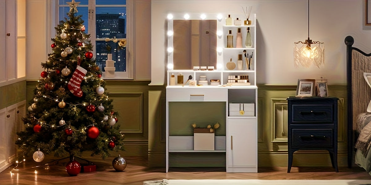 Toilette con Specchio e 10 Luci LED, Toilette con 3 Ripiani e 4 Scomparti Aperti, Toilette con Ampio Cassetto e Armadietto, 3 Livelli di Illuminazione Regolabili, Bianco, Greige
