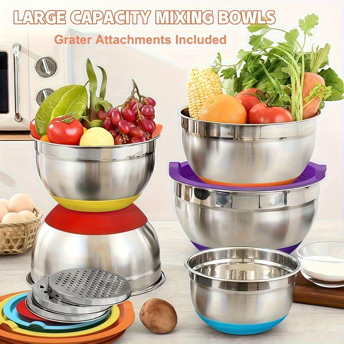 Set da 22 pz/10 pz di Ciotole per Insalata Avanzate in Acciaio Inossidabile con Coperchi, Base della Ciotola in Silicone Aggiornata, Gruppo di Ciotole per Insalata Impilabili, Lavabili in Lavastoviglie, 5L, 4.5L, 4L, 2.4L, 1.7L, 1.3L, 0.8L, Confezione Mis